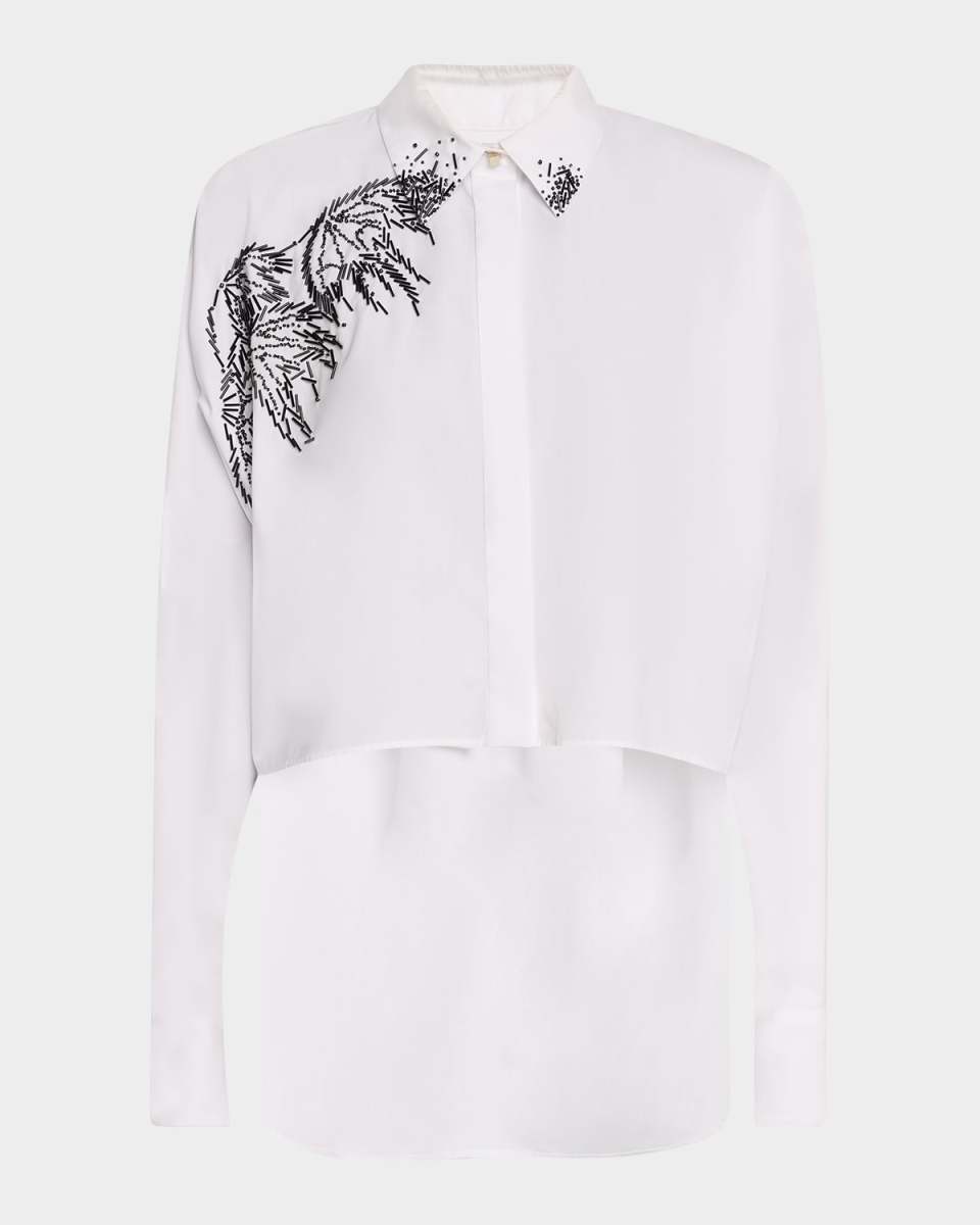Teddy Beaded High-Low Button-Down Shirt